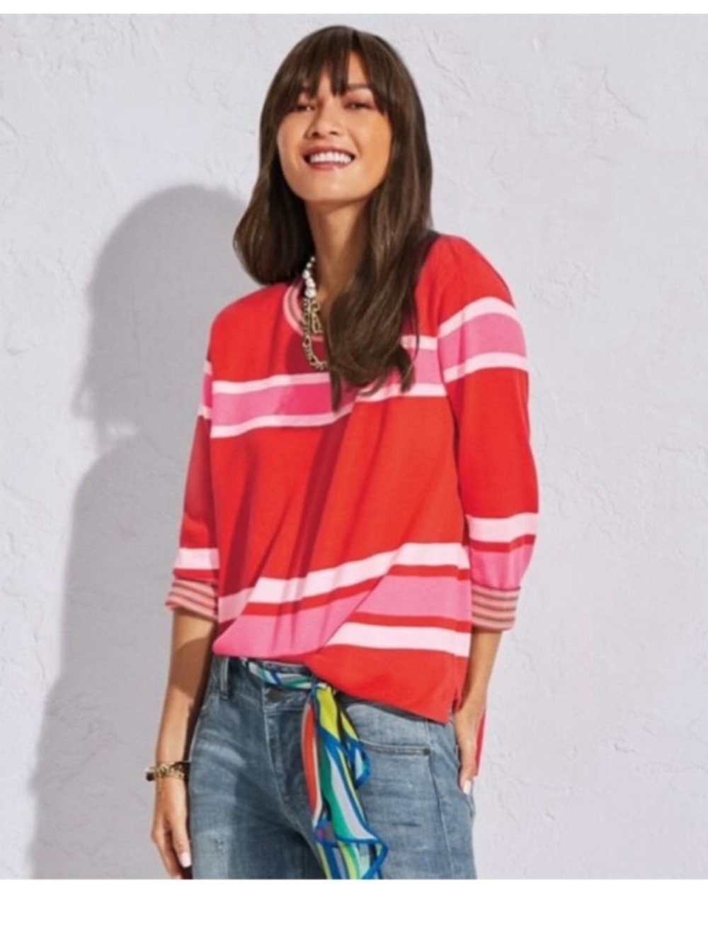 CAbi Women’s Cadet Red And Pink Striped Pullover Size Large - Picture 2 of 10